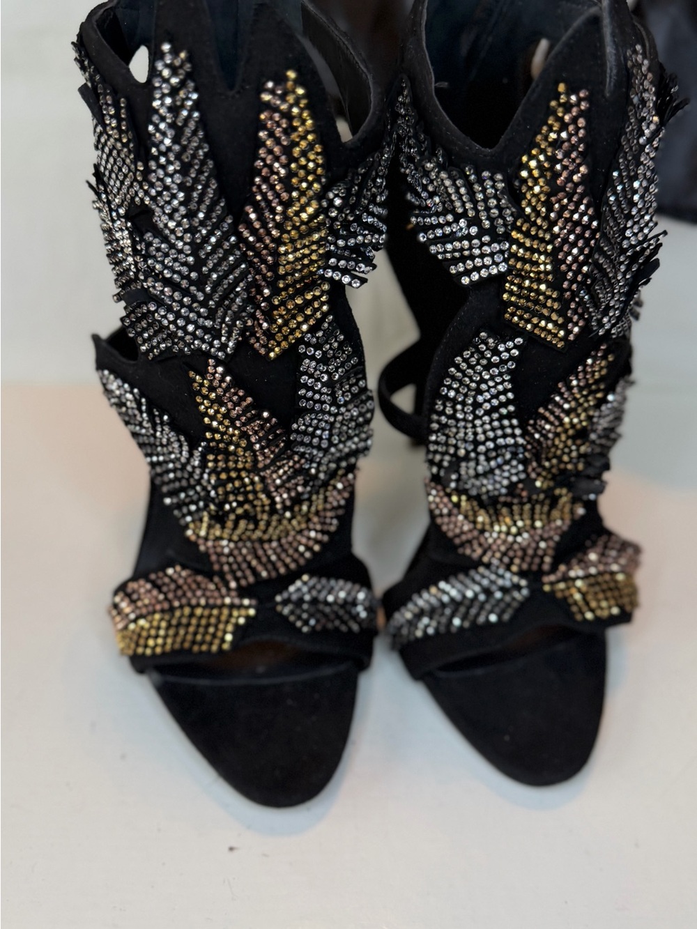 Giuseppe Zanotti Black Suede Crystal Leaf Embellished High Heels - Picture 1 of 9